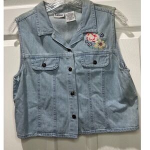 VTG Capacity Petites Denim Vest Floral Embroidered Button Front Women's Medium